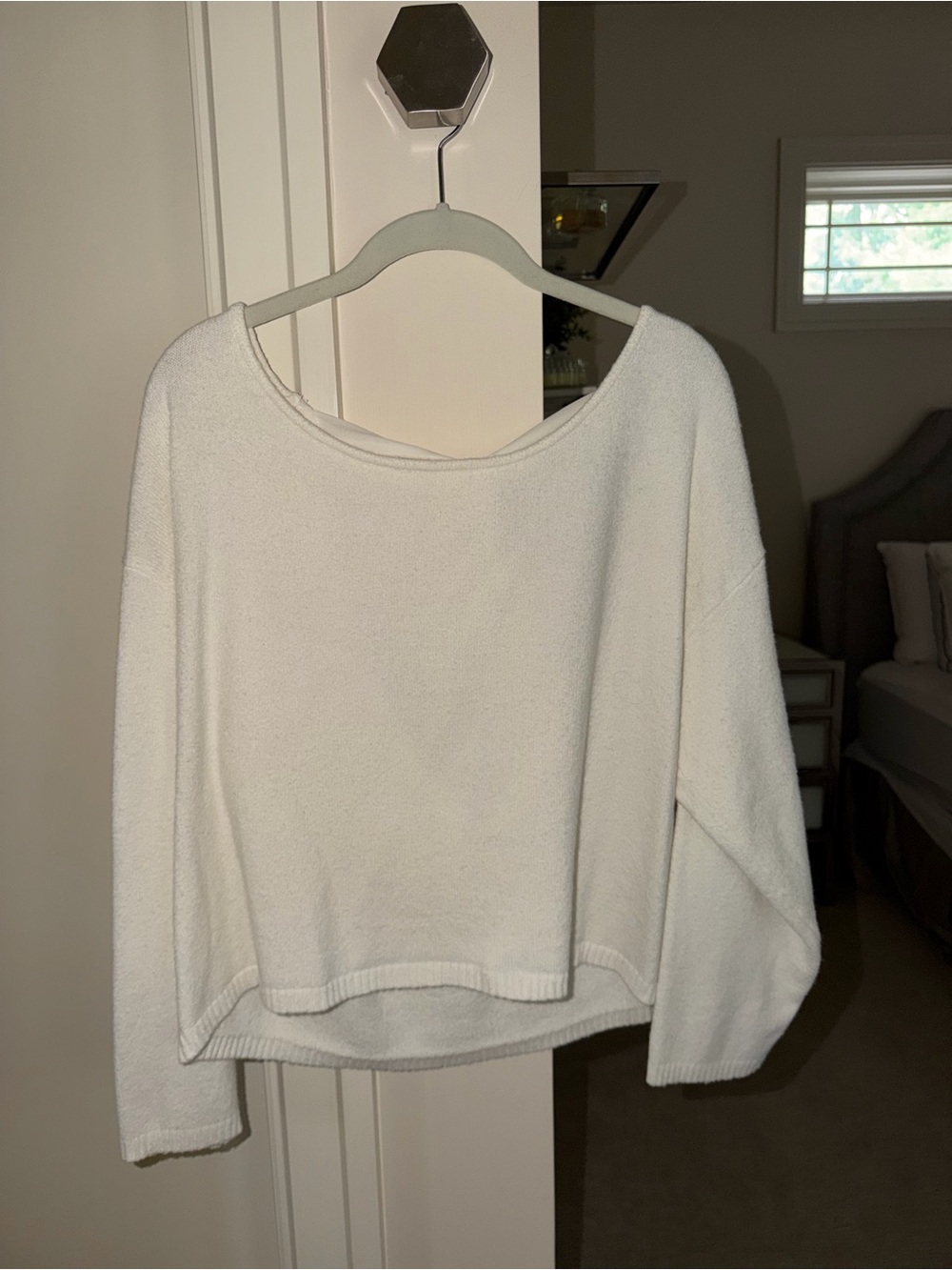 Line & Dot Off-the-Shoulder Cream Knit Sweater with Open Back